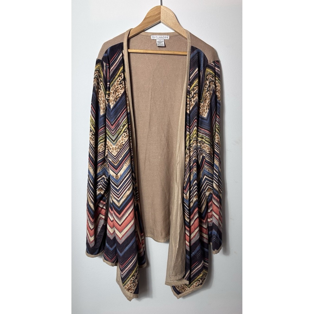 Outlander Cardigan Sweater Womens Large Brown Blue Faux Suede Chevron Open Front